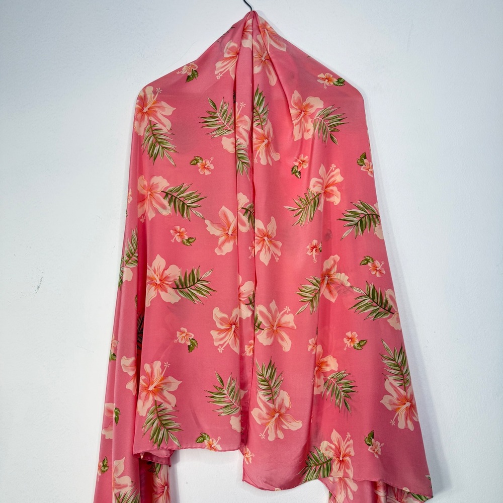 Pineapple Moon Womens OS Tropical Crepe Scarf Wrap Pink Hibiscus Hand Roll - Picture 3 of 13